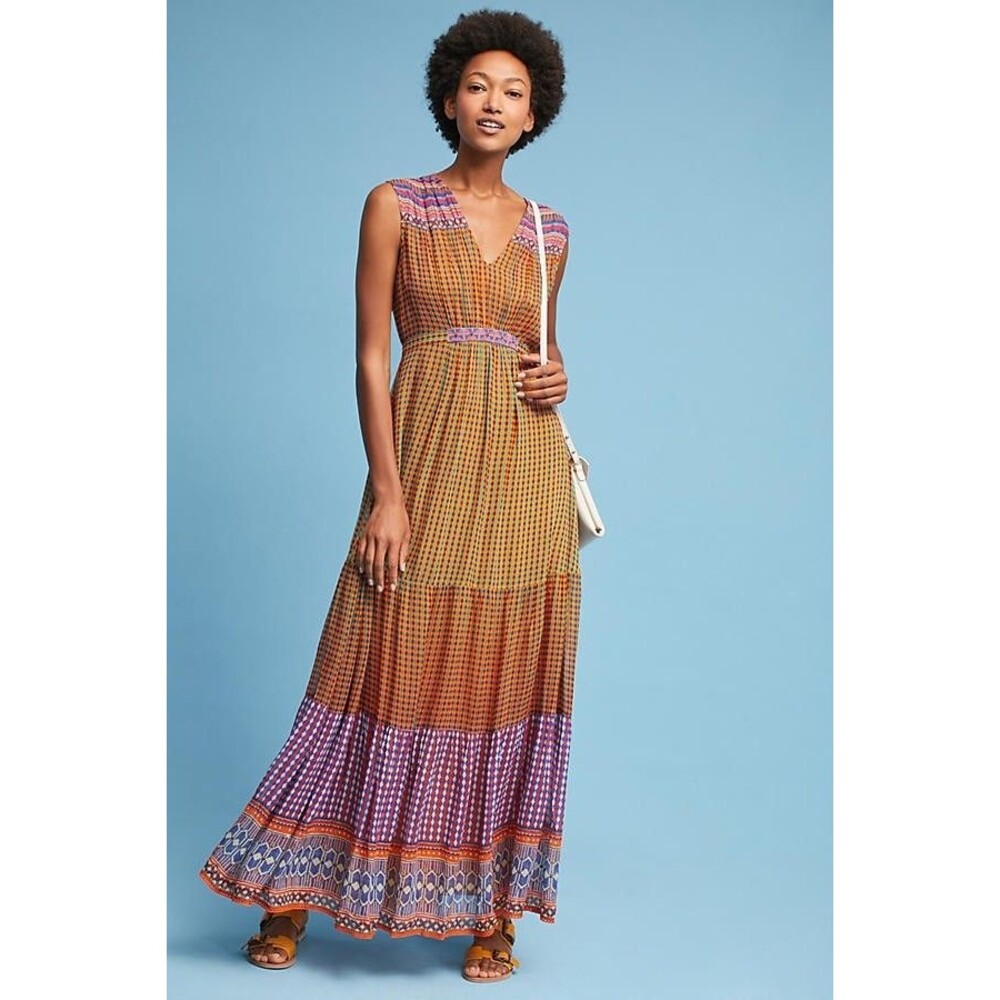 Anthropologie Tanvi Kedia Women's Size 12 Orange Aelyn Maxi Dress Boho Hippie
